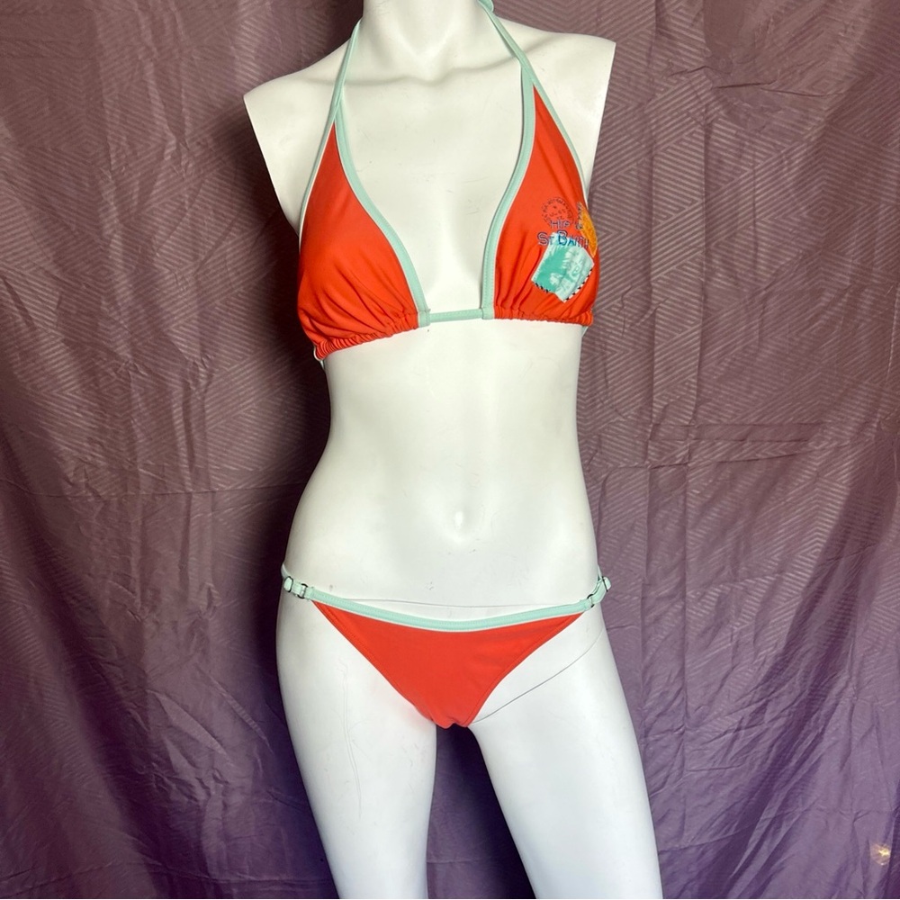 Hip Up St Barth Coral Turquoise Bikini 38/40 Y2K Tropical Adjustable Halter